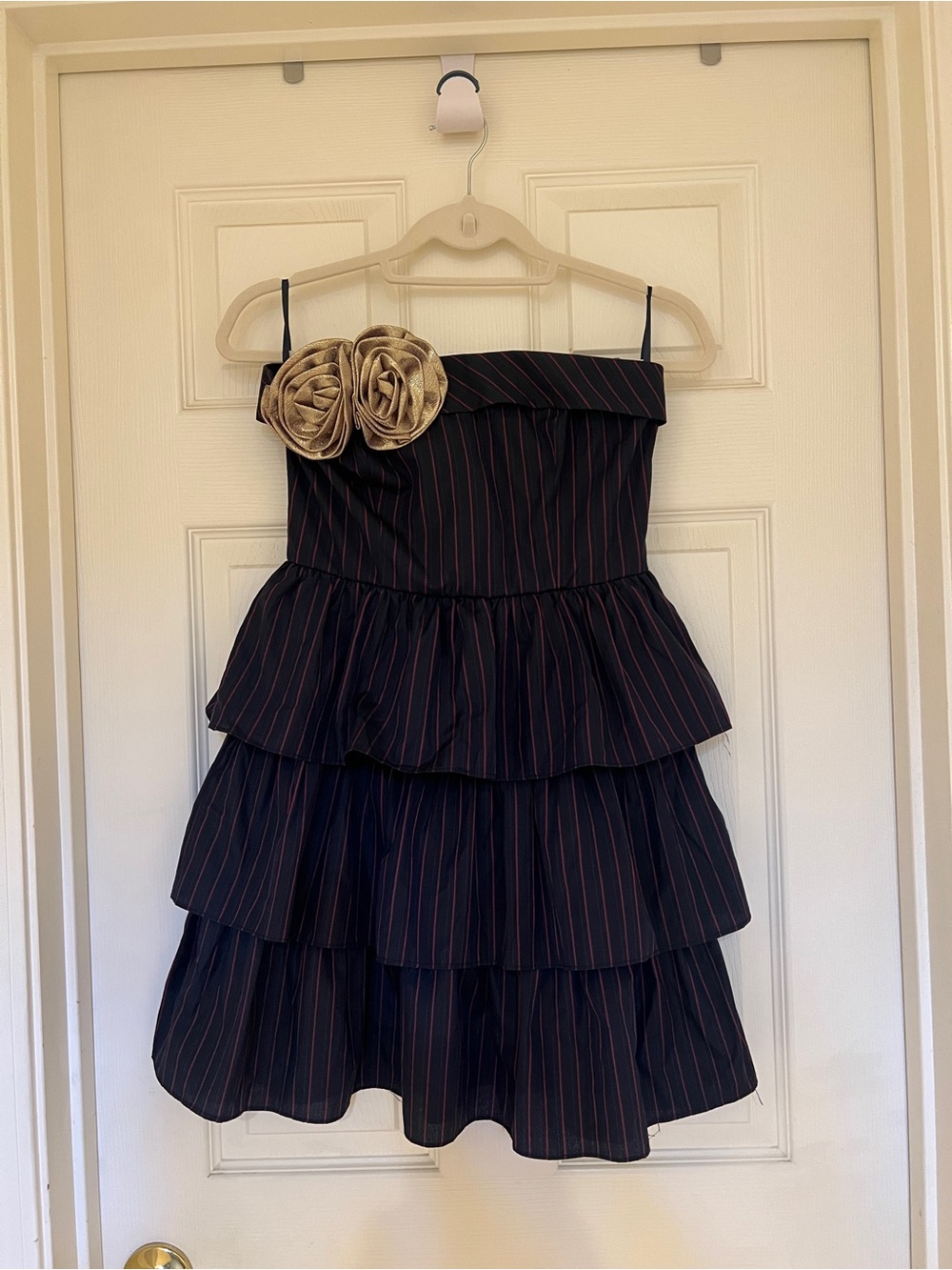 Charlotte Russe Navy Dress with Red Pinstripes and Gold Rosette